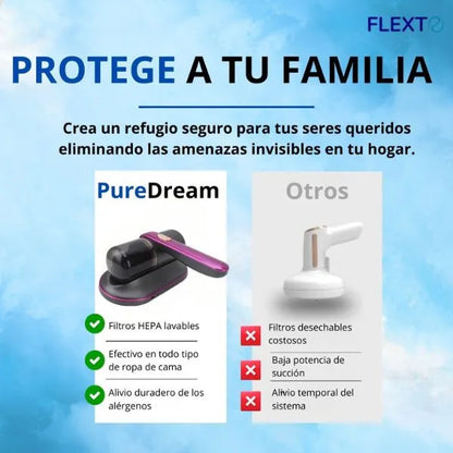 Duerme libre de ácaros desde esta noche con PureDream™ — el aspirador UV que limpia donde otros no llegan.